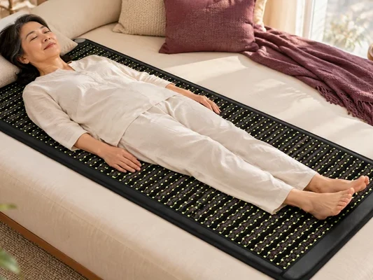 Bố mẹ thư giãn trong phòng ngủ ấm áp, người con mỉm cười bên cạnh